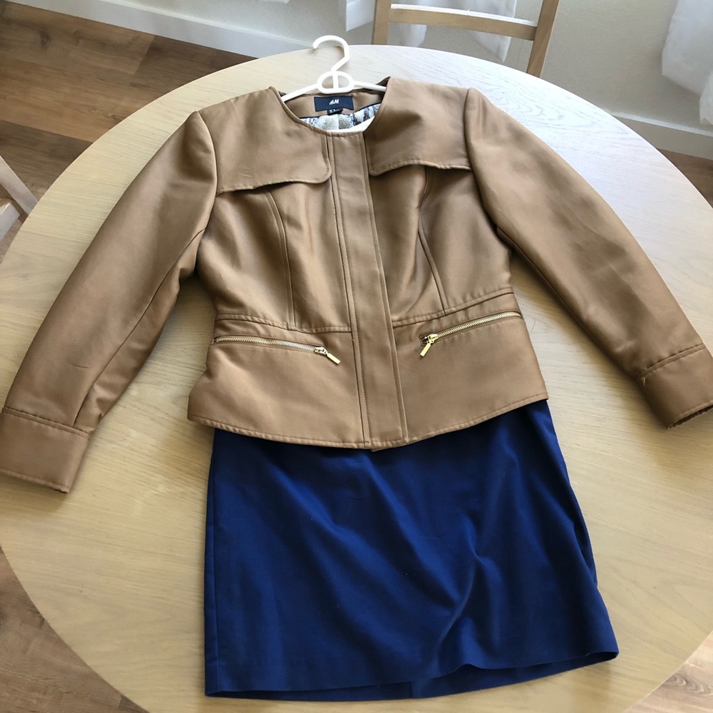 H&M Brown Jacket w/blue white dress